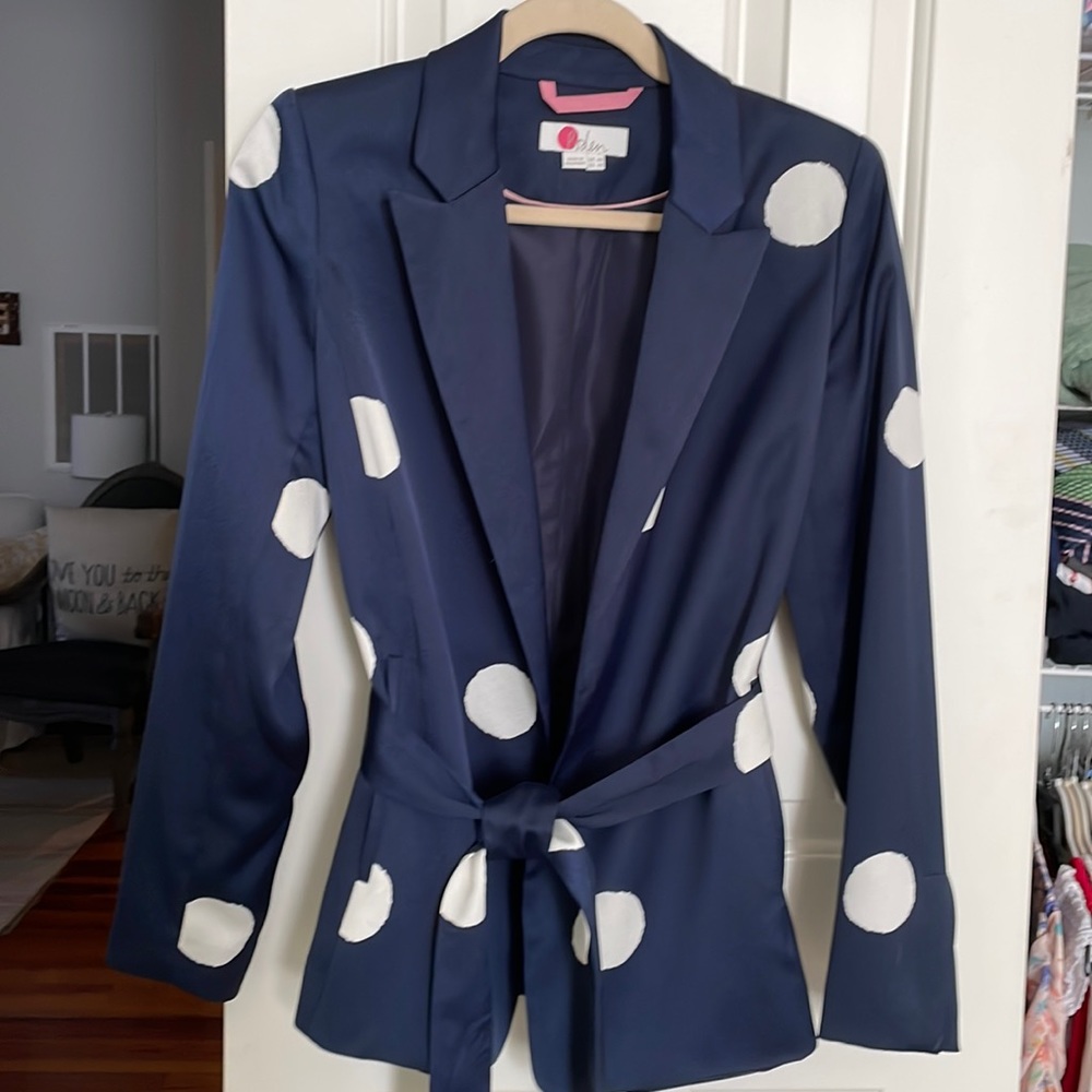 Boden navy with cream polka dots blazer with tie belt